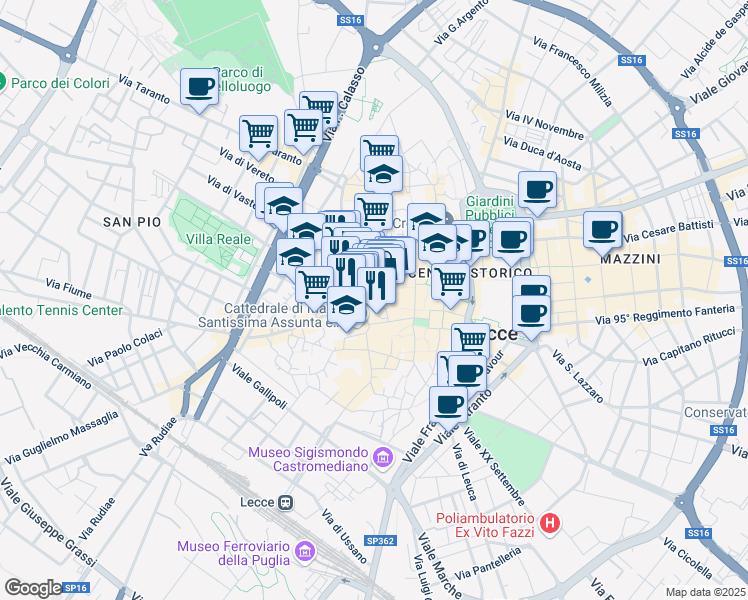 map of restaurants, bars, coffee shops, grocery stores, and more near 35 Via Vittorio Emanuele II in Lecce