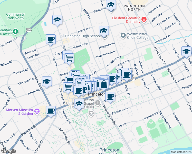 map of restaurants, bars, coffee shops, grocery stores, and more near 36 Wiggins Street in Princeton