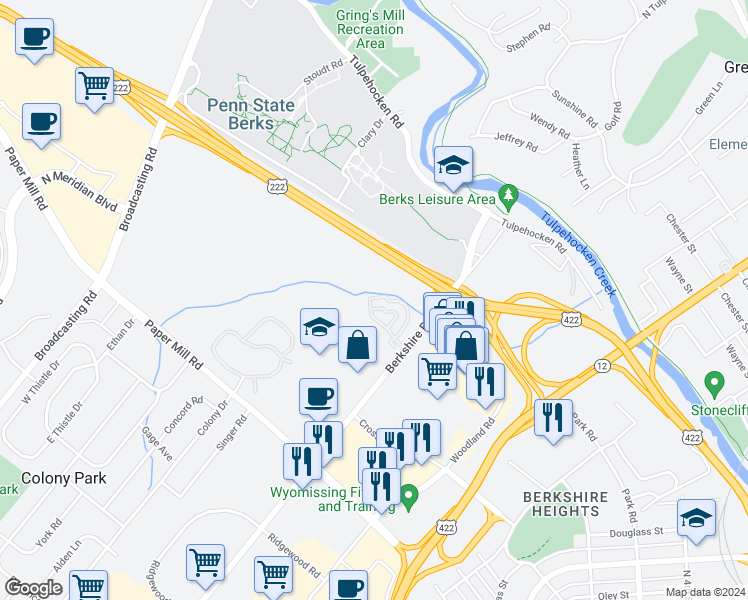map of restaurants, bars, coffee shops, grocery stores, and more near 508 Peters Way in Wyomissing