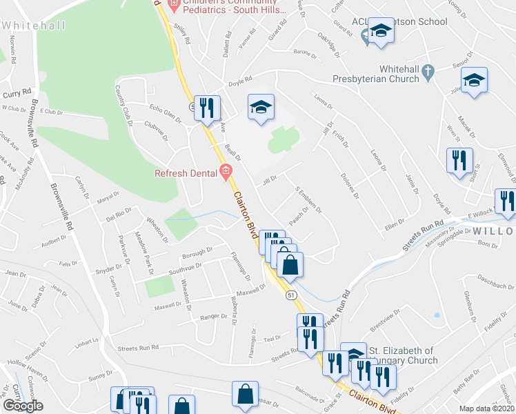 map of restaurants, bars, coffee shops, grocery stores, and more near 4770 Beall Drive in Pittsburgh