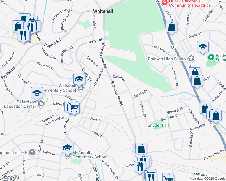 map of restaurants, bars, coffee shops, grocery stores, and more near 4819 Brownsville Road in Pittsburgh