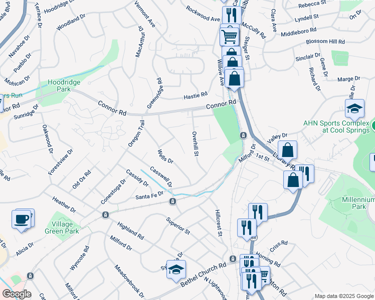 map of restaurants, bars, coffee shops, grocery stores, and more near 4336 Overhill Street in Bethel Park