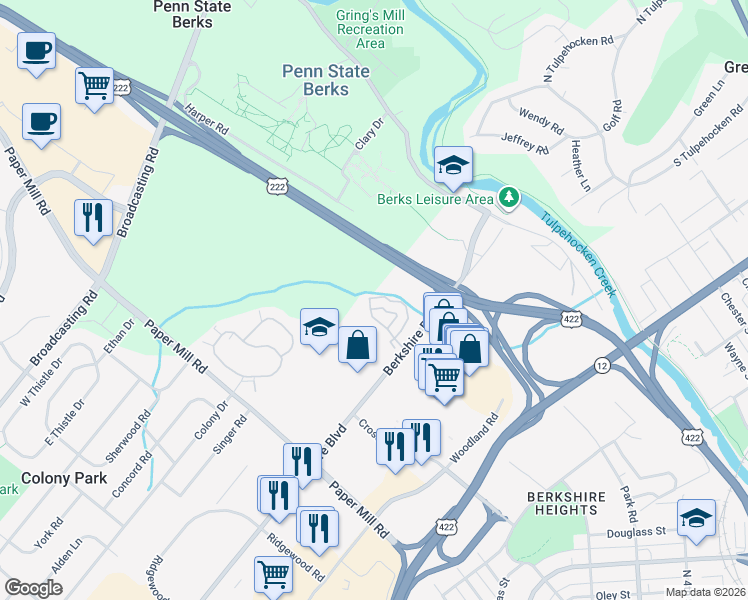 map of restaurants, bars, coffee shops, grocery stores, and more near 508 Peters Way in Wyomissing