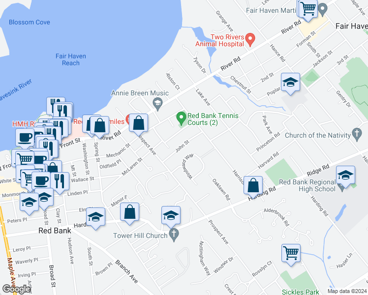 map of restaurants, bars, coffee shops, grocery stores, and more near 50 John Street in Red Bank