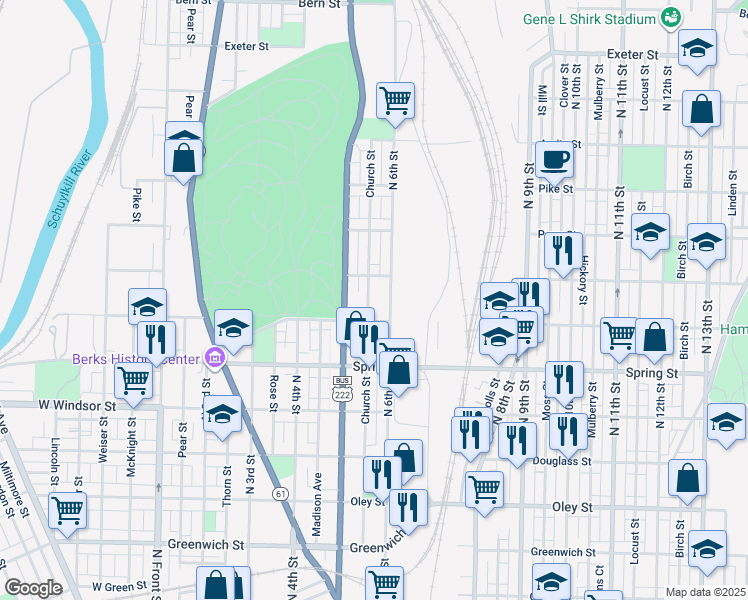 map of restaurants, bars, coffee shops, grocery stores, and more near 1131 Church Street in Reading