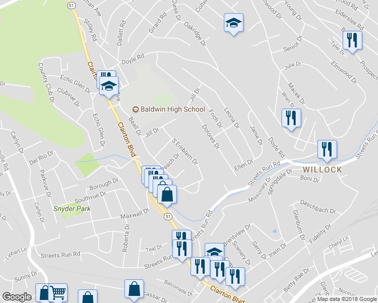 map of restaurants, bars, coffee shops, grocery stores, and more near 4839 South Emblem Drive in Pittsburgh