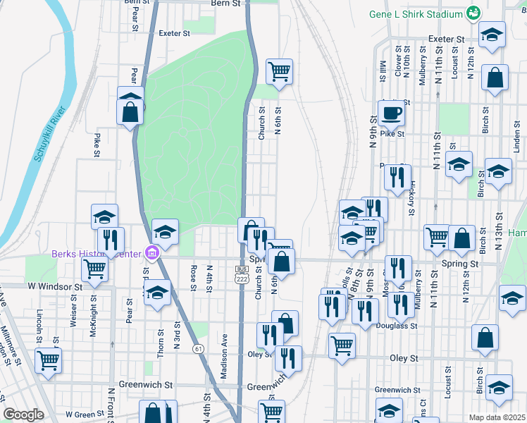 map of restaurants, bars, coffee shops, grocery stores, and more near 1131 Church Street in Reading