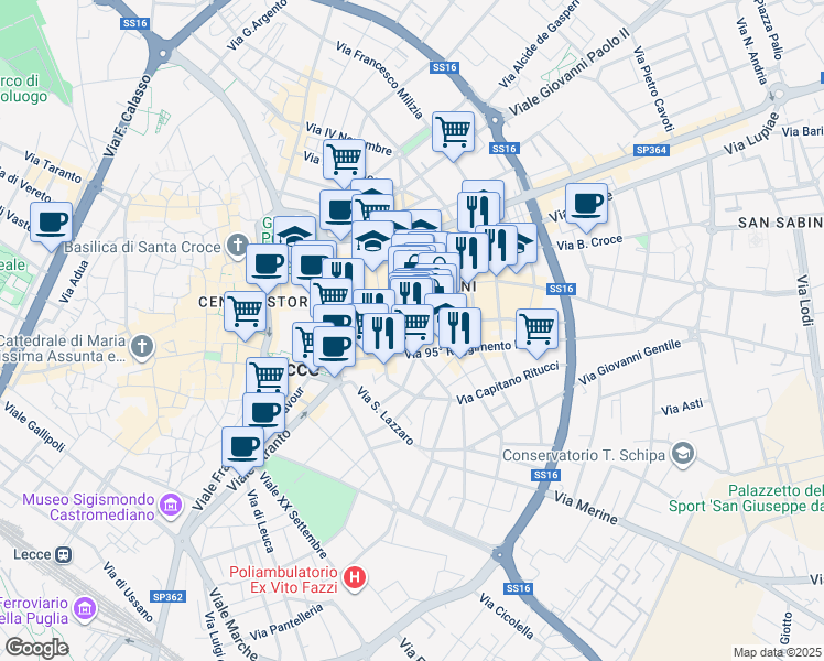 map of restaurants, bars, coffee shops, grocery stores, and more near 57 Piazza Mazzini Giuseppe in Lecce