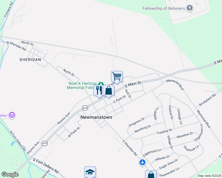 map of restaurants, bars, coffee shops, grocery stores, and more near 128 Alumni Avenue in Newmanstown