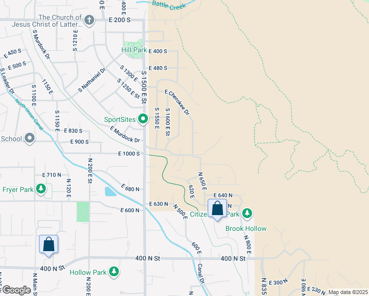 map of restaurants, bars, coffee shops, grocery stores, and more near 1675 East Murdock Drive in Pleasant Grove