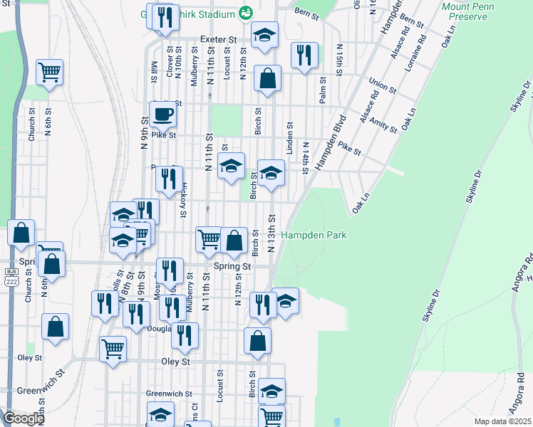 map of restaurants, bars, coffee shops, grocery stores, and more near 1164 North 13th Street in Reading