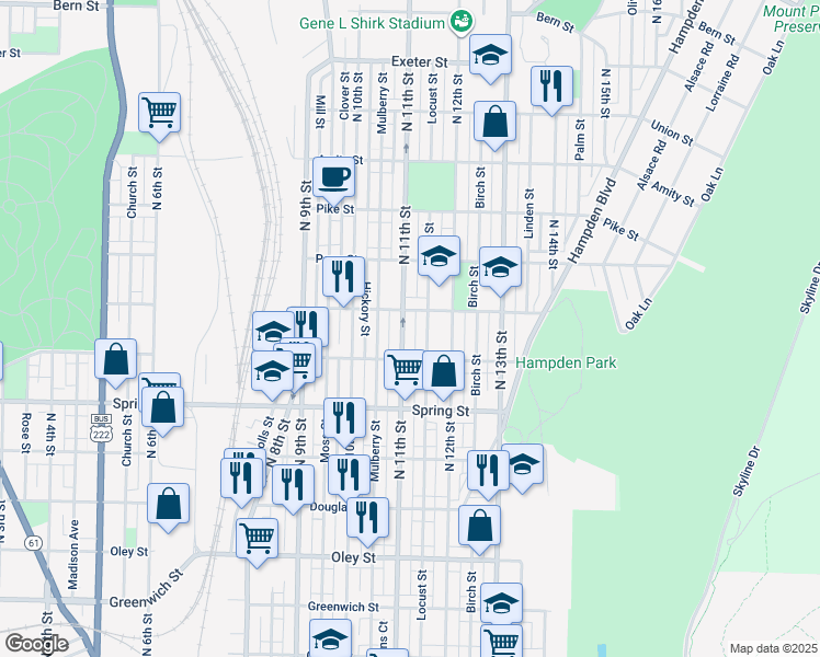 map of restaurants, bars, coffee shops, grocery stores, and more near 1145 North 11th Street in Reading