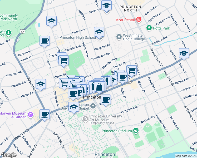 map of restaurants, bars, coffee shops, grocery stores, and more near 47 Wiggins Street in Princeton