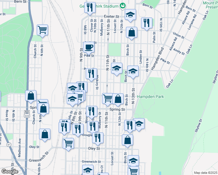 map of restaurants, bars, coffee shops, grocery stores, and more near 1145 North 11th Street in Reading
