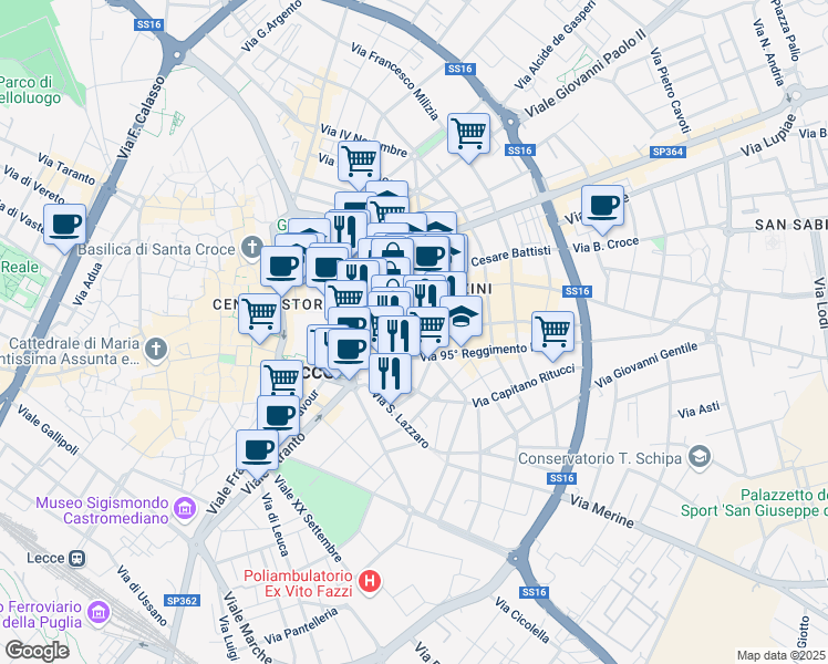 map of restaurants, bars, coffee shops, grocery stores, and more near 57 Piazza Mazzini Giuseppe in Lecce