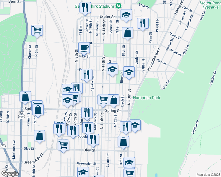 map of restaurants, bars, coffee shops, grocery stores, and more near 1120 Marion Street in Reading