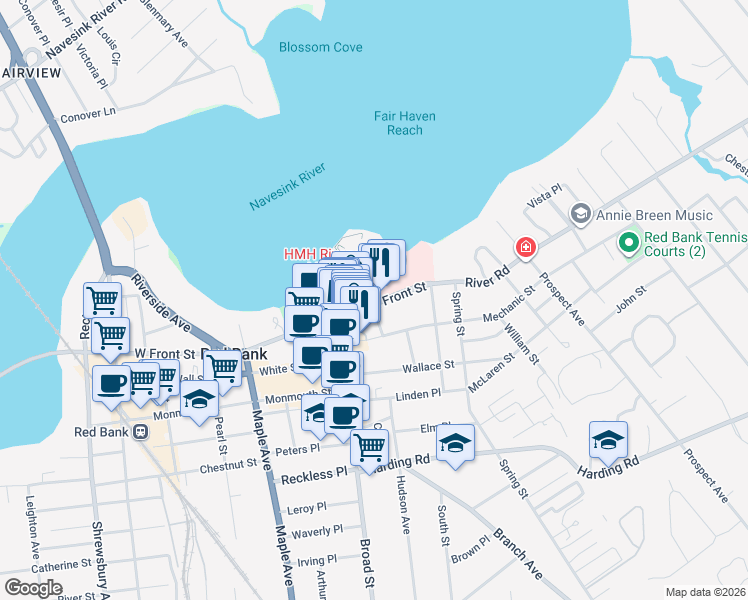 map of restaurants, bars, coffee shops, grocery stores, and more near 35 East Front Street in Red Bank