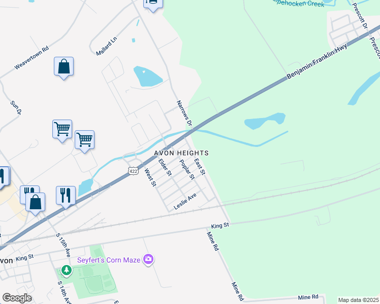 map of restaurants, bars, coffee shops, grocery stores, and more near 2112 Pennsylvania Avenue in Lebanon