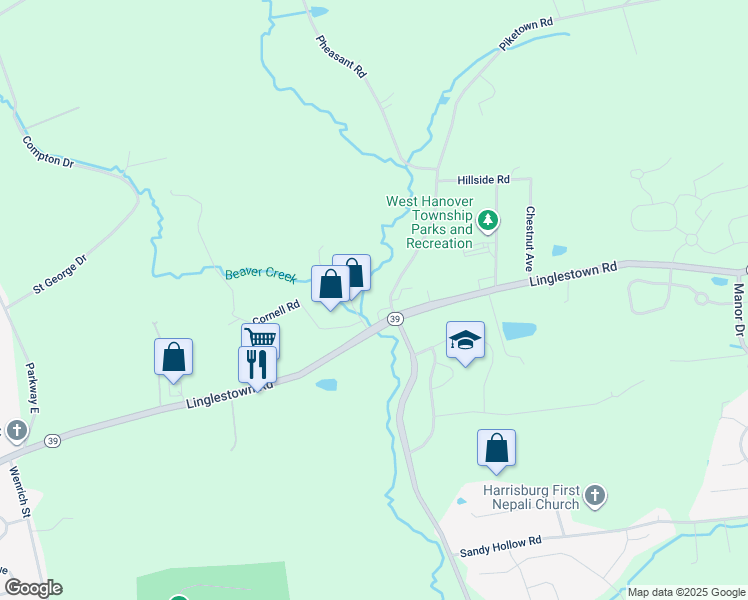 map of restaurants, bars, coffee shops, grocery stores, and more near 604 Piketown Road in Harrisburg