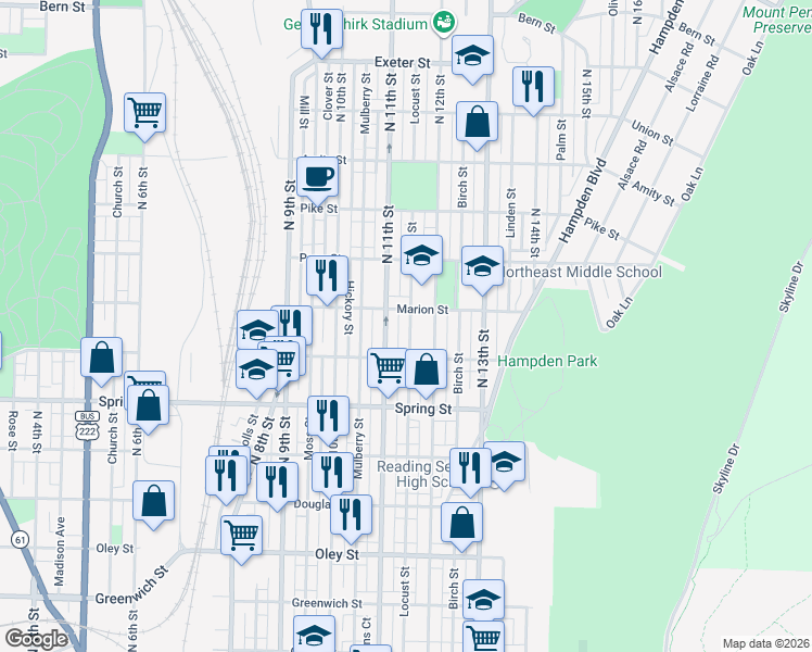 map of restaurants, bars, coffee shops, grocery stores, and more near 1120 Marion Street in Reading
