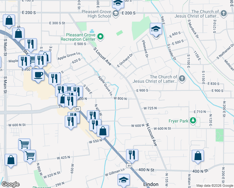 map of restaurants, bars, coffee shops, grocery stores, and more near 901 Apple Grove Lane in Pleasant Grove