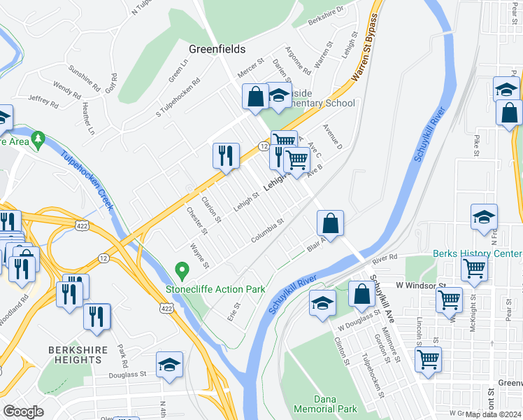 map of restaurants, bars, coffee shops, grocery stores, and more near 1241 Carbon Street in Reading
