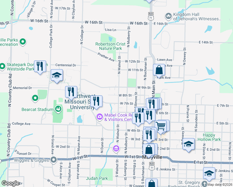 map of restaurants, bars, coffee shops, grocery stores, and more near 800 North Walnut Street in Maryville