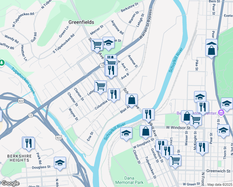 map of restaurants, bars, coffee shops, grocery stores, and more near 1206 Luzerne Street in Reading