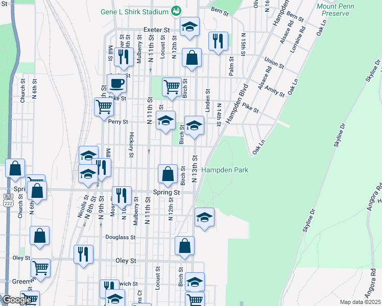map of restaurants, bars, coffee shops, grocery stores, and more near 1164 North 13th Street in Reading