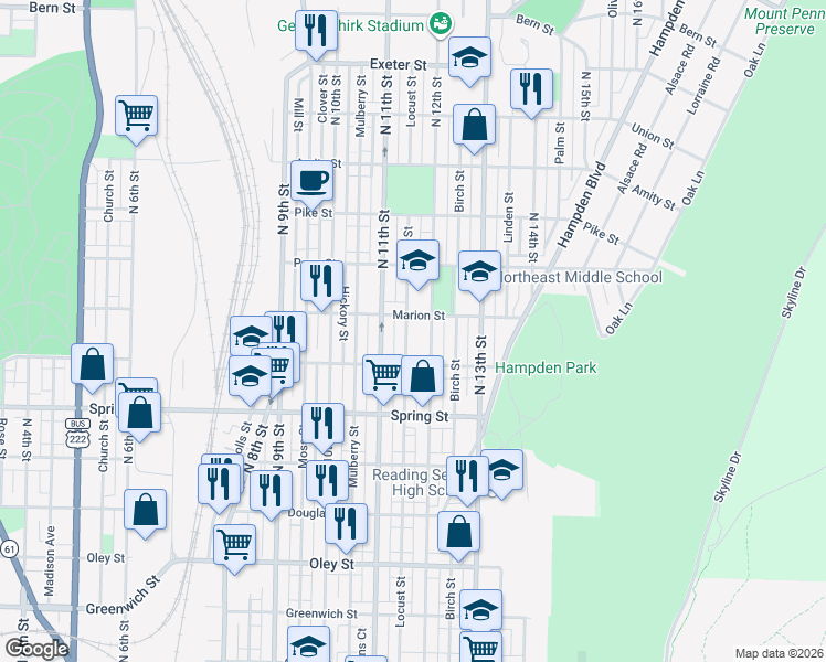 map of restaurants, bars, coffee shops, grocery stores, and more near 1120 Marion Street in Reading