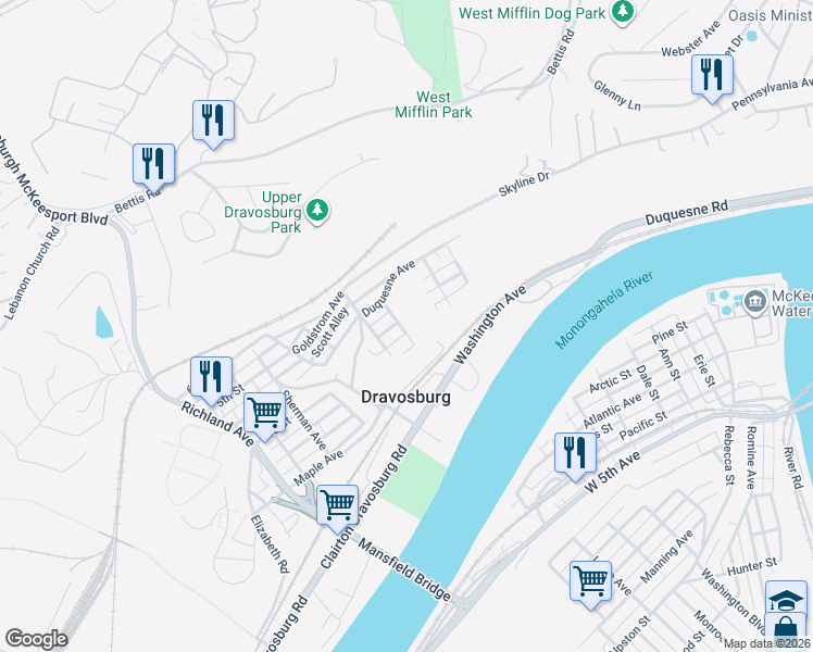 map of restaurants, bars, coffee shops, grocery stores, and more near 14 Dewey Street in Dravosburg