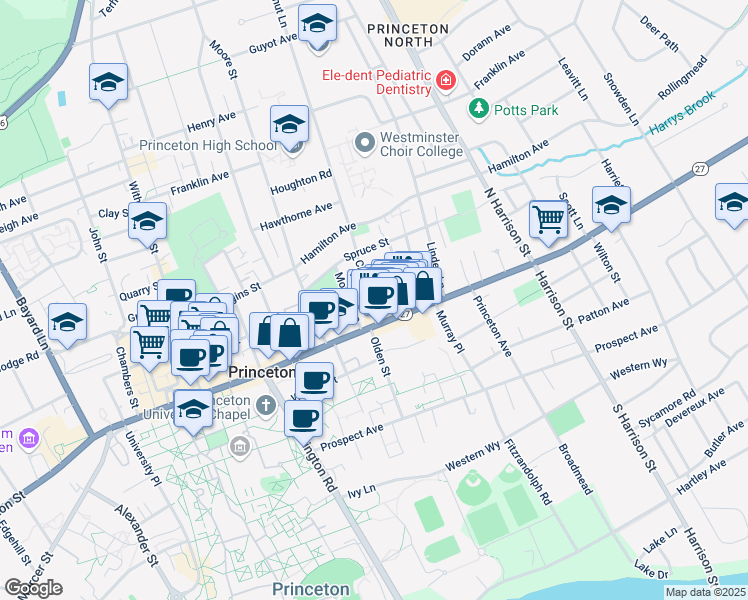 map of restaurants, bars, coffee shops, grocery stores, and more near 15 Chestnut Street in Princeton