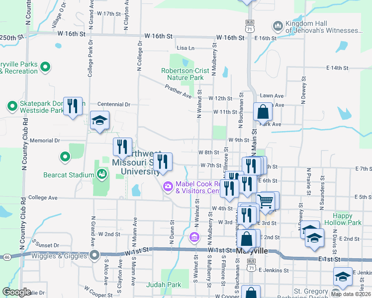 map of restaurants, bars, coffee shops, grocery stores, and more near 800-898 North Walnut Street in Maryville