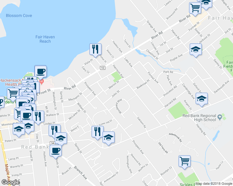 map of restaurants, bars, coffee shops, grocery stores, and more near 52 John Street in Red Bank