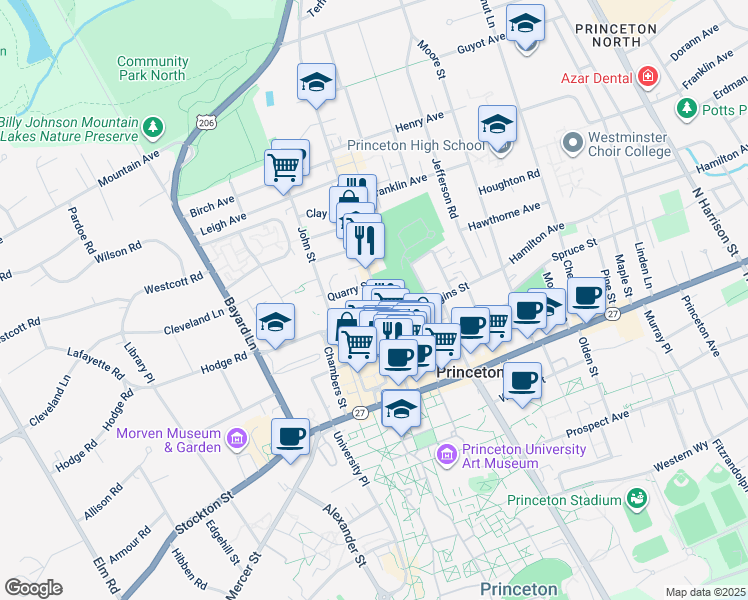 map of restaurants, bars, coffee shops, grocery stores, and more near 114 Witherspoon Street in Princeton