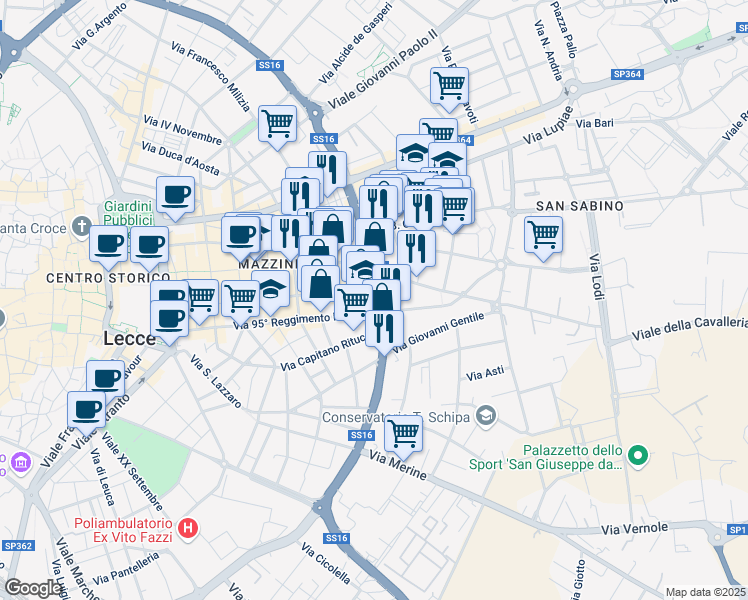 map of restaurants, bars, coffee shops, grocery stores, and more near 3 Via Vincenzo Balsamo in Lecce