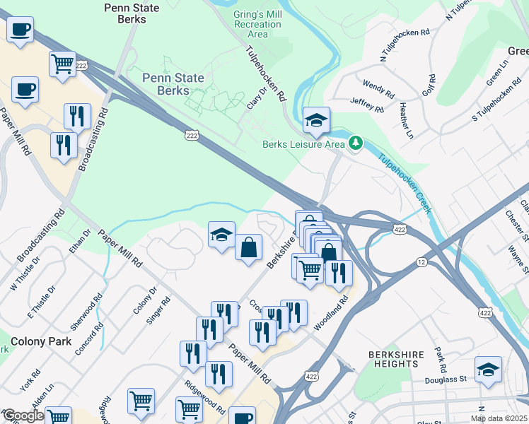 map of restaurants, bars, coffee shops, grocery stores, and more near 612 Christopher Drive in Wyomissing