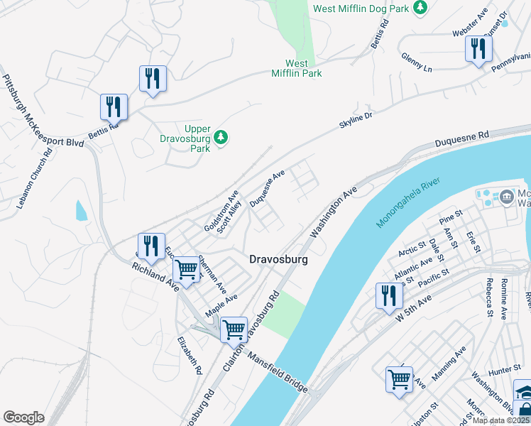 map of restaurants, bars, coffee shops, grocery stores, and more near 109 Mound Avenue in Dravosburg