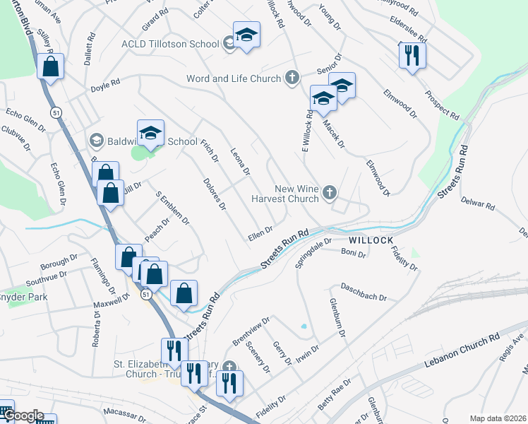 map of restaurants, bars, coffee shops, grocery stores, and more near 5147 Leona Drive in Pittsburgh