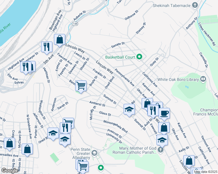 map of restaurants, bars, coffee shops, grocery stores, and more near 1101 Fawcett Avenue in McKeesport