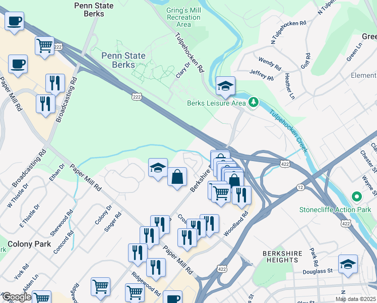 map of restaurants, bars, coffee shops, grocery stores, and more near 610 Christopher Drive in Wyomissing