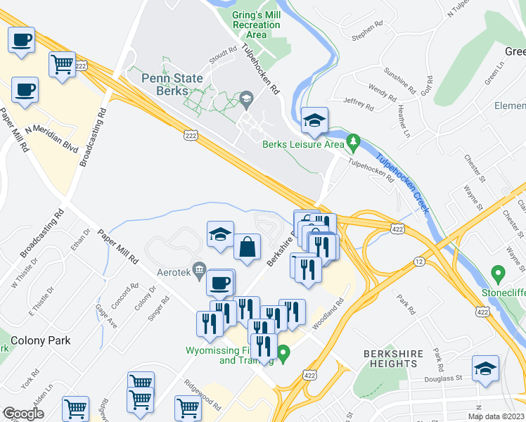 map of restaurants, bars, coffee shops, grocery stores, and more near 606 Christopher Drive in Wyomissing