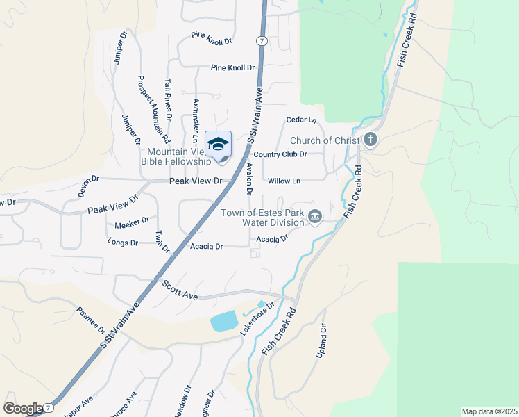 map of restaurants, bars, coffee shops, grocery stores, and more near 1109 Brook Drive in Estes Park