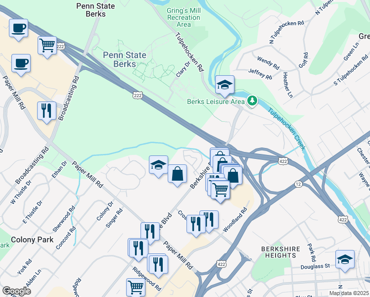 map of restaurants, bars, coffee shops, grocery stores, and more near 508 Peters Way in Wyomissing