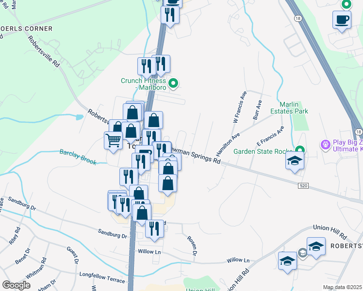 map of restaurants, bars, coffee shops, grocery stores, and more near 52 County Route 520 in Marlboro Township