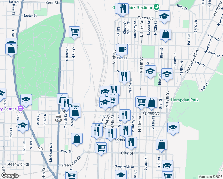 map of restaurants, bars, coffee shops, grocery stores, and more near 1144 North 9th Street in Reading