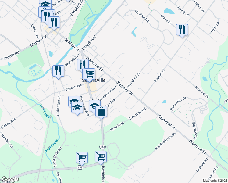 map of restaurants, bars, coffee shops, grocery stores, and more near 56 East Grandview Avenue in Sellersville