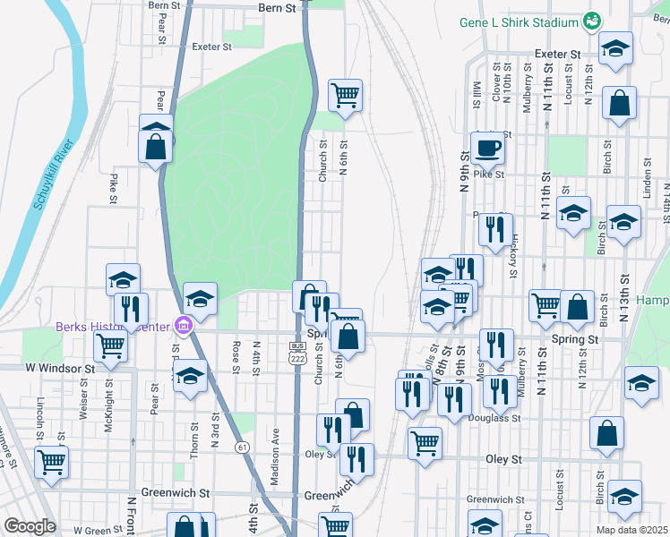 map of restaurants, bars, coffee shops, grocery stores, and more near 1136 North 6th Street in Reading