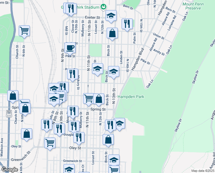 map of restaurants, bars, coffee shops, grocery stores, and more near 1202 Marion Street in Reading