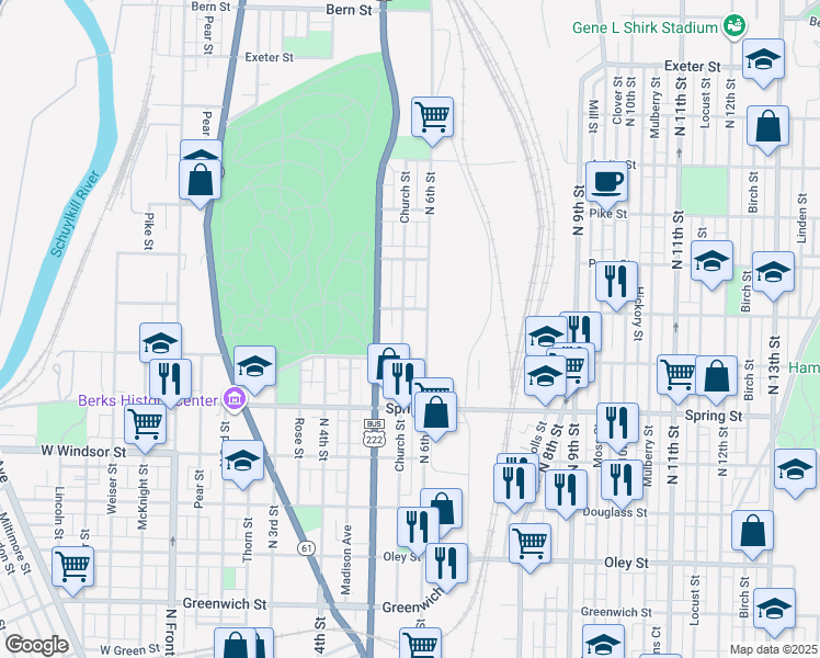 map of restaurants, bars, coffee shops, grocery stores, and more near 1136 North 6th Street in Reading